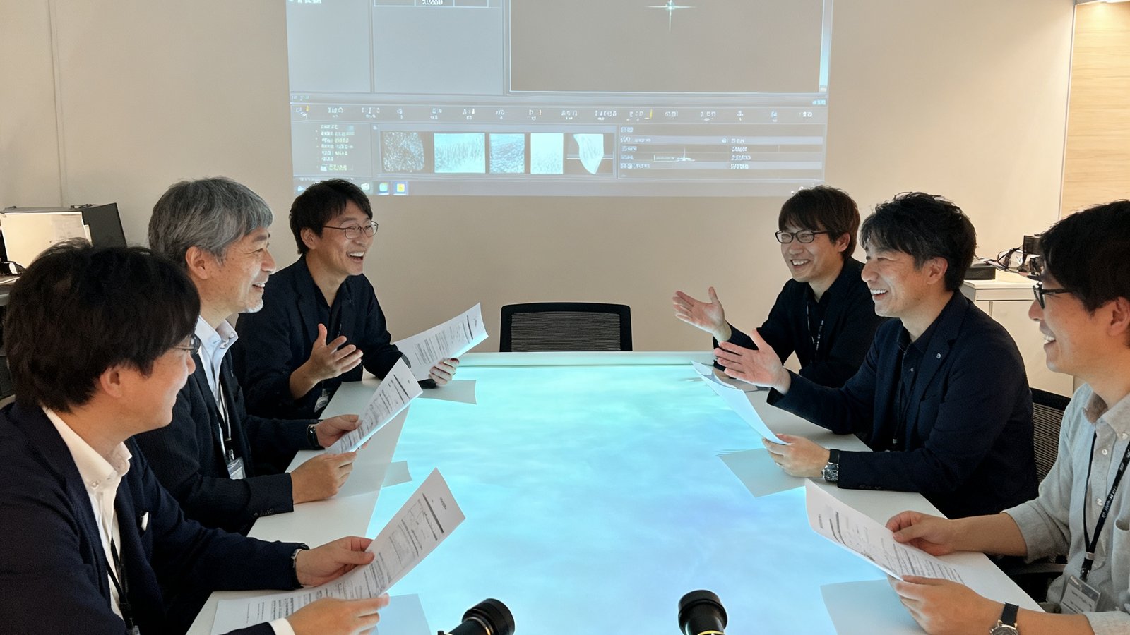 会议室中DB视讯团队与日本光影艺术家进行技术研讨，桌上摆放着全息纱幕样品和光学测试仪器，双方正在热烈讨论。