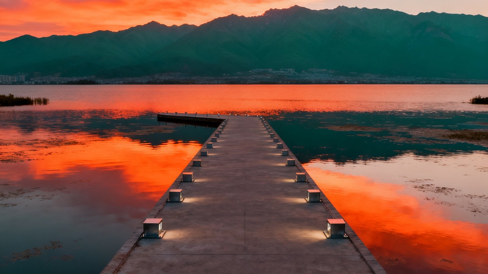 洱海生态廊道黄昏时分的实景航拍照片，湖面平静映着晚霞，廊道两侧预留了光影设备安装点位，远处苍山轮廓清晰可见。