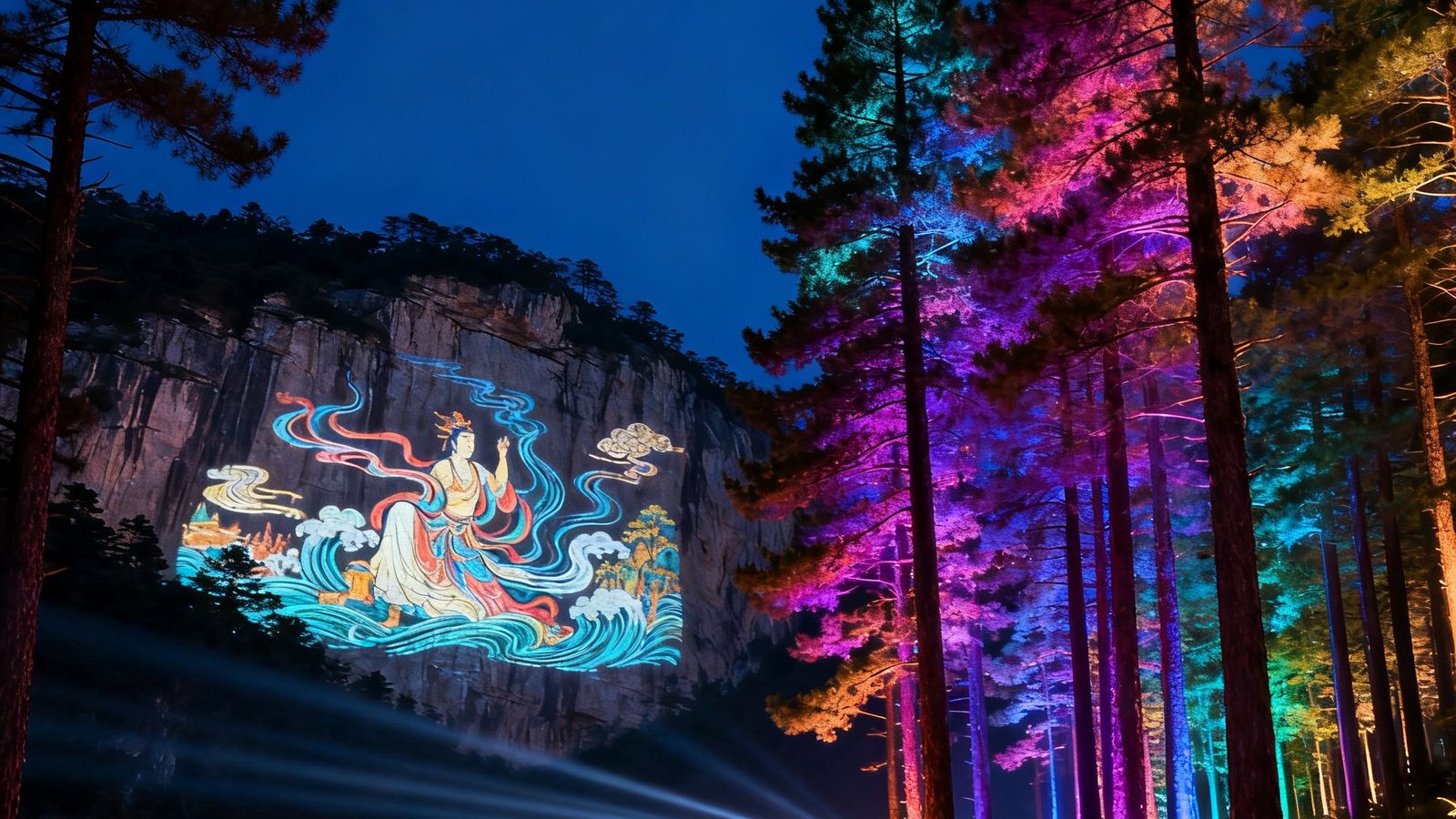 夜幕下的山间景区，高大的松树被RGB激光灯打亮呈现梦幻色彩，远处岩壁上投射着流动的光影壁画讲述当地传说，一条发光步道蜿蜒穿过树林引导游客前行，空中可见淡淡的光束交织。